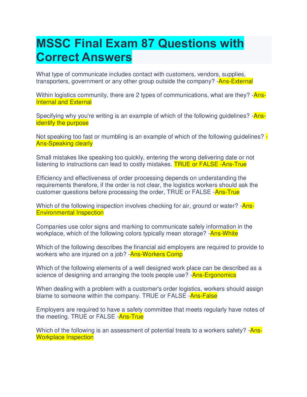 MSSC Final Exam 87 Questions with Correct Answers Browsegrades
